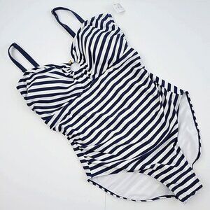 Simon Chang Women's One Piece Swimsuit Nautical Stripe Keyhole Blue White 16